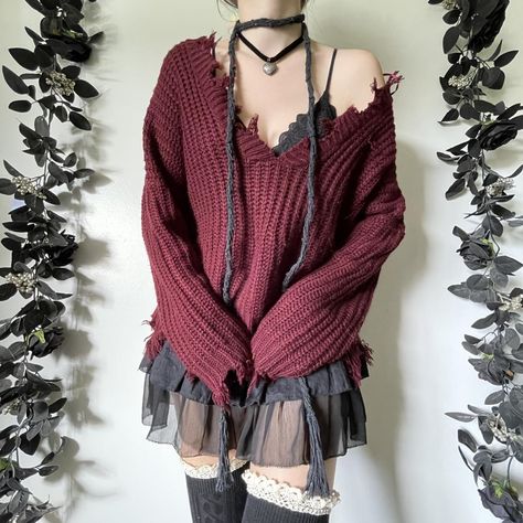 fairycore grunge ripped sweater distressed hem off... - Depop Distressed Sweater Outfit, Sweater Off Shoulder, Hollister Style, Ripped Sweater, Outfit Grunge, Witchy Goth, Fairycore Grunge, Distressed Sweater, Distressed Sweaters