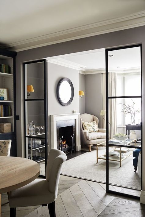 Friday Inspiration: TV Opportunity! - Studio McGee Front Room And Dining Room Ideas, Crittal Partition Wall, Crittal Doors Living Room, House Front Extension, Dividing Doors Living Room, Room Dividing Doors, Front Door Into Living Room, Front Extension Ideas, Crittal Doors Extension