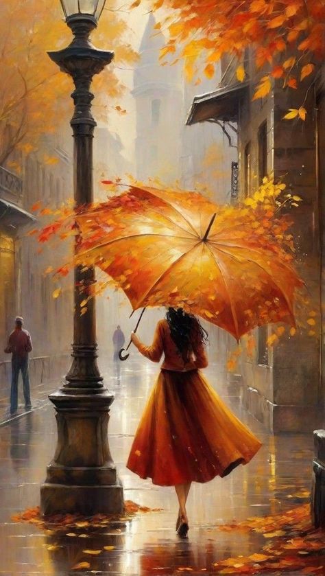 Umbrella Art Painting, Autumn Leaves Wallpaper, Umbrella Painting, Rain Fall, Umbrella Art, Beautiful Art Paintings, Landscape Art Painting, Autumn Scenes, Art Gallery Wallpaper