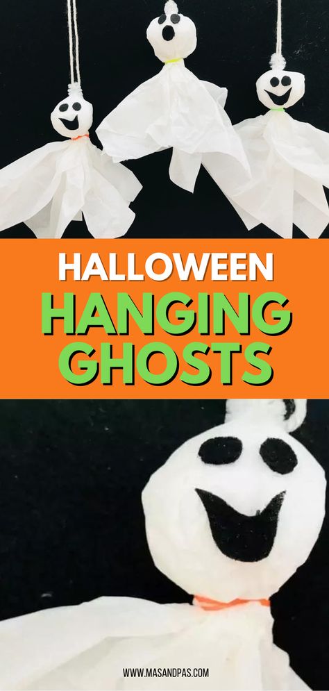 These tissue paper ghosts are a super simple craft for kids to make and take less than 5 minutes. You could make a whole family of ghosts and hang them around the house for Halloween! Perfect Halloween Decorations! #halloween #halloweendecorations #ghosts #ghostdecoration #ghostcraft #kidscraft Paper Ghosts, How To Make Ghosts, Halloween Ghost Craft, Halloween Hanging Ghost, Ghost Crafts, Halloween Sensory, Halloween Science, Tissue Paper Crafts, Halloween Craft Projects