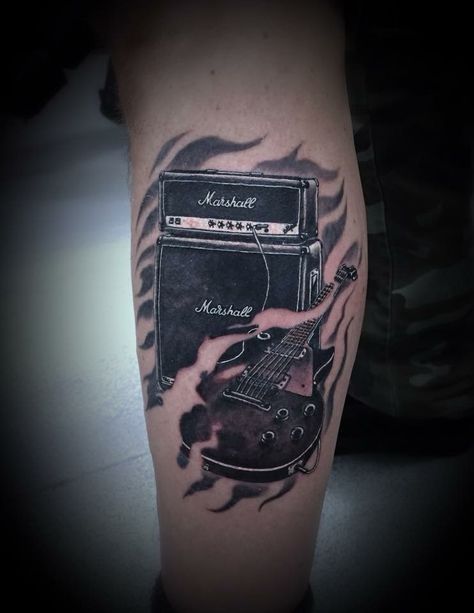 Marshall amp and guitar tattoo, inked by Jason Keene at Get inked, Tamworth, UK. Fender Guitar Tattoo Ideas, Guitar Amp Tattoo, Rock Guitar Tattoo, Rock And Roll Tattoo Ideas, Les Paul Tattoo, Metalhead Tattoo, Acdc Tattoo, Guitar Tattoo Ideas, Music Tats