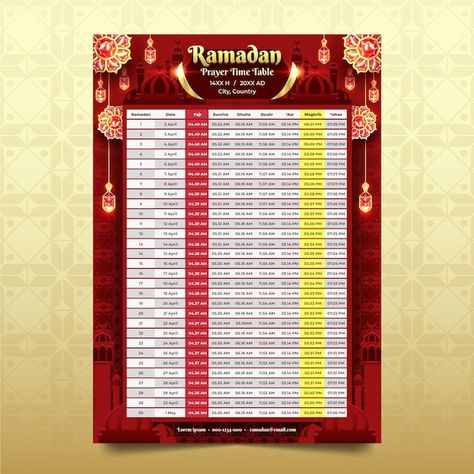 Prayer time table template in ramadan wi... | Premium Vector #Freepik #vector #background #banner #poster #gold Time Table Template, Red And Gold Background, Table Template, Prayer Time, Medical Background, Time Table, Brick Texture, Prayer Times, Vertical Design