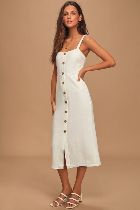 White Midi Dress - Button Front Dress - Sleeveless Midi Dress #ad #Dress, #sponsored, #Midi, #White, #Sleeveless White Dress Outfit Summer, Male Joggers, Linen Inspiration, White Button Up Dress, White Dress Outfit, Adorable Clothes, Linen Design, Harajuku Men, Punk Pants