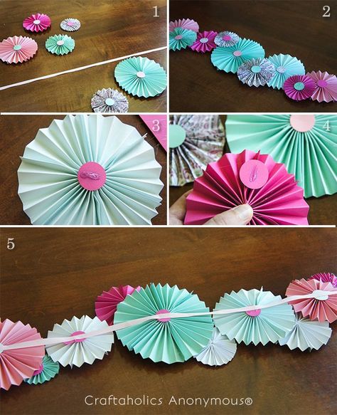 Fan Garland, Flower Hanging, Paper Rosettes, Paper Fan, Owl Baby Shower, Hanging Flower, Make Paper, Baby Shower Decor, Paper Fans