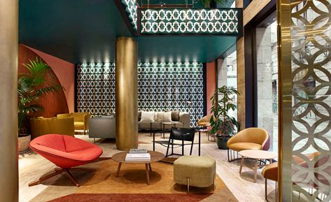 Creating Café Got at Kimpton Vividora Hotel | 2020-10-16 | TILE Magazine Geometric Headboard, Barcelona Hotel, Hotel Barcelona, Kimpton Hotels, Tapas Restaurant, Travertine Floors, Barcelona Hotels, Hotel Interior Design, Architecture Magazines