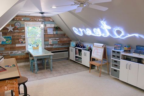 Craft Room Lighting, Slanted Walls, Small Attic, Attic Flooring, Art Studio Design, Attic Conversion, Craft Room Design, Attic Bedrooms, Attic Renovation