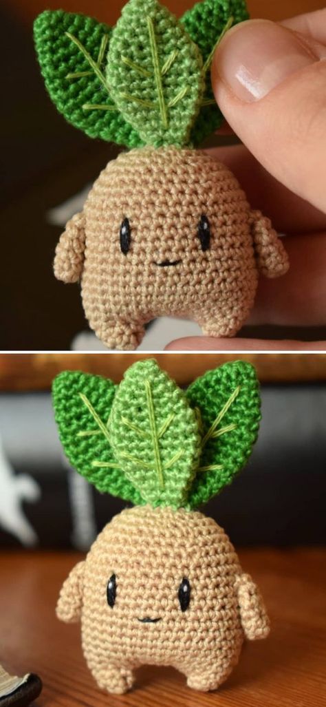 Straight from the Garden Amigurumi. You could know mandrakes from Harry Potter, they were the loud and squeaking plants, that made Neville Longbottom faint. Luckily this little fellow in the pictures below is the sweetest creature, that will make the most adorable and silent key chain ever! #freecrochetpattern #amigurumi #toy Free Cottage Core Crochet Patterns, Cottage Core Amigurumi, Crochet Goblin Free Pattern, Mandrake Crochet Pattern Free, All From Jade Crochet, Cottage Core Crochet Patterns Free, Green Crochet Patterns Free, Crochet Knick Knacks, Small Amigurumi Pattern