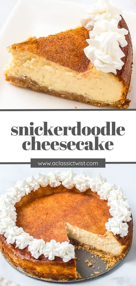 This snickerdoodle cheesecake is a fall classic that is made of a gingersnap crust, brown sugar cheesecake filling, and cinnamon sugar topping - so, so good! Brown Sugar Cheesecake, Snickerdoodle Cheesecake, Brownie Treats, Fluffy Cheesecake, Yummy Cheesecake, Snickerdoodle Cookie, Gingersnap Crust, Parfait Desserts, How To Make Cheesecake