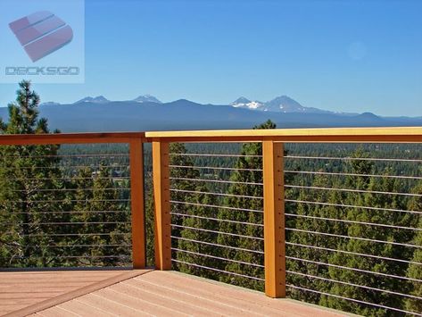 Spectacular unobstructed mountain view through this open cable rail and wood post system. Deck Railing Diy, Wire Deck Railing, Wood Deck Railing, Cable Railing Deck, Stainless Steel Cable Railing, Deck Railing Design, Cable Railing Systems, Modern Deck, Railing Ideas