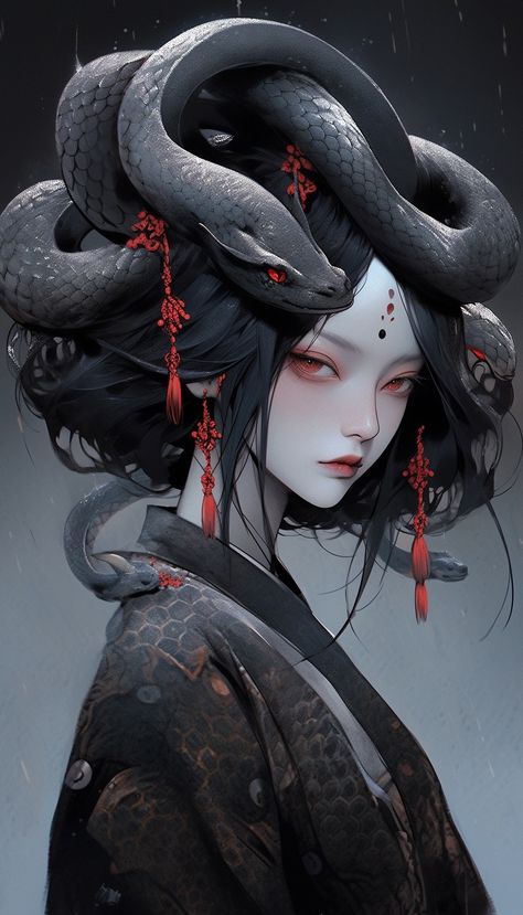 Snake Lady Art, Medusa Anime Art, Medusa Anime, Goblin Oc, Dragon Kimono, Snake Lady, Japan Dragon, Dragon Master, Dragon Lady