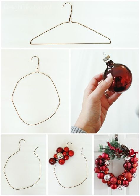 How to Make a Christmas Ornament Wreath With a Wire Hanger Make A Christmas Ornament, Julkransar Diy, Jul Diy, Homemade Christmas Decorations, Christmas Ornament Wreath, Christmas Wreaths To Make, Wire Hanger, Wreath Tutorial, Christmas Crafts Decorations