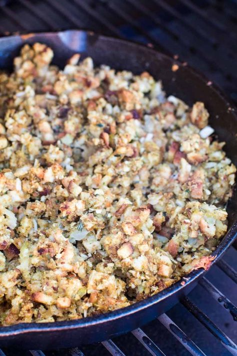 Quick and easy side dish recipe using your electric pellet grill. This Traeger Smoked Stuffing is perfect for your holiday dinners! It goes great with turkey, prime rib, roasted chicken or about any main dish you can make on Thanksgiving or Christmas! #traeger #stuffingrecipe Smoked Stuffing, Pellet Grill Recipes, Traeger Recipes, Side Dish Recipes Easy, Easy Side Dish, Holiday Dinners, Dinner Side Dishes, Stuffing Recipes, Dinner Sides