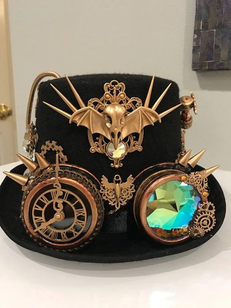 Moda Steampunk, Hat Burning, Steampunk Aesthetic, Steampunk Halloween, Steampunk Crafts, Black Top Hat, Steampunk Hat, Festival Hat, Cute Fantasy Creatures