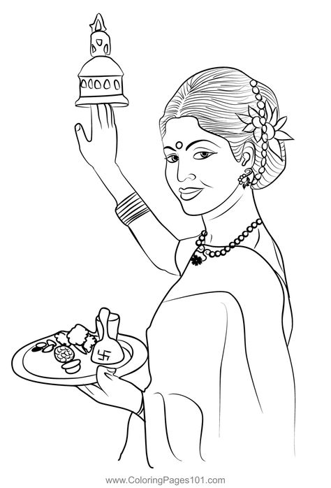 Hindu Pooja Aarti Thali Coloring Page Ready Rangoli, Aarti Thali, Ganesha Drawing, Durga Painting, Indian Art Gallery, Big Rangoli Designs, 5 Senses, Diy Jar Crafts, Outline Designs