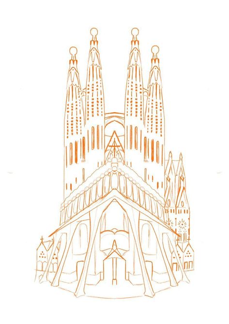 Gaudi Architecture Drawing, Antoni Gaudi Drawings, Barcelona Drawing, City Drawings, Gaudi Art, Barcelona Gaudi, Art Homework, Gaudi Architecture, Nouveau Architecture