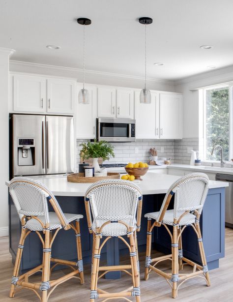 Island paint is Distance SW 6243 by Sherwin-Williams Basket Lights, Basket Pendant, Life On Virginia Street, Design Darling, Best White Paint, Granite Countertop, Condo Decorating, Pretty Kitchen, Classic Kitchen