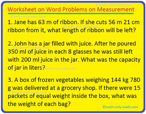 Worksheet on Word Problems on Measurement Calendar Questions, Hindi Varnmala, Converting Metric Units, Measurement Word Problems, Area Worksheets, Measurement Worksheets, Measuring Length, Number Bond, 3rd Grade Math Worksheets