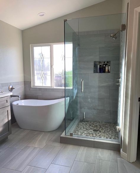 Shower With Deep Tub, Shower And Soaking Tub Side By Side, Small Bathroom Remodel Free Standing Tub, Bathrooms With Separate Shower And Bath, Bath Planet Remodel, Bathroom Ideas Seperate Shower And Tub, Bathroom Shower And Bath Seperate, Soaker Tub And Shower Side By Side, Master Bath With Washer And Dryer