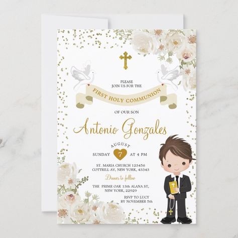 First Holy Communion Invitation Cards, Holy Communion Ideas, Holy Communion Invitation Cards, Primera Comunion Ideas, Boys First Communion, Holy Communion Invitations, First Communion Invitations, Flower Boy, Glitter Invitations