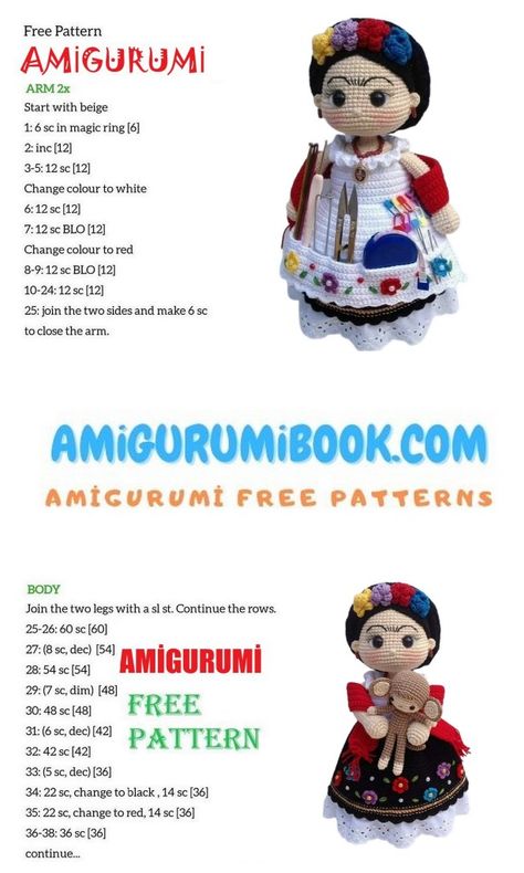 Frida Kahlo Amigurumi Free Pattern, Doll Amigurumi Free Pattern, Free Amigurumi Crochet Patterns, Crochet Organizer, Baby Cross Stitch Patterns, Crochet For Beginners Blanket, Crochet Dolls Free Patterns, Crochet Animals Free Patterns, Crochet Amigurumi Free Patterns