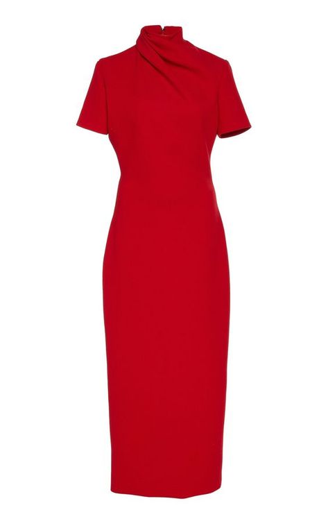 Brandon Maxwell is known for figure-framing silhouettes and immaculate tailoring—make note the draped neckline on this midi dress. It's cut from structured wool-crepe with a fitted bodice that turns to reveal a leg-baring split hem. Keep styling simple with a pair of sleek patent leather pumps and a box clutch. Banquet Dresses For Women, Dresses For Women Short, Short Sleeve Turtleneck, Banquet Dresses, Dresses Classy, Brandon Maxwell, Sophisticated Dress, Silk Maxi Dress, Looks Chic