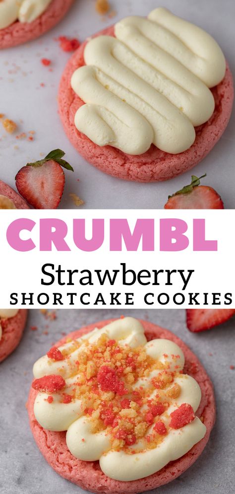 CRUMBL strawberry shortcake cookies Crumbl Strawberry, Shortcake Cookies, Strawberry Cake Mix Cookies, Crumble Cookie Recipe, Lifestyle Of A Foodie, Strawberry Shortcake Cookies, Strawberry Cookies, Gourmet Cookies, Tasty Baking