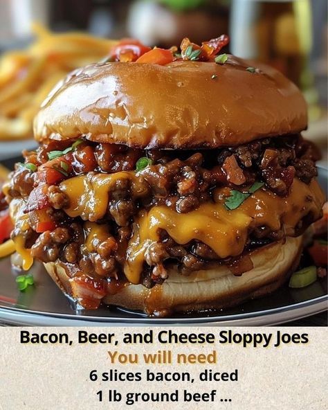 Ashley’s Recipes Gourmet Sloppy Joes, Cheese Sloppy Joes, Sloppy Joes, Ground Beef, Dinner Ideas, Bacon, Beer, Twist, Cheese