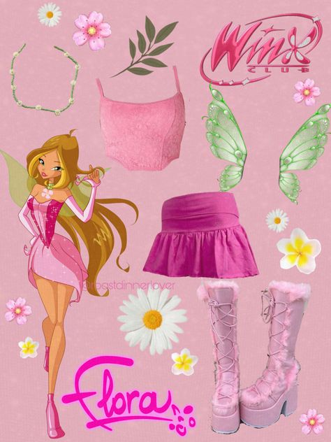 Hsm Halloween Costumes, Flora Halloween Costume, Rosetta Fairy Costume, Flora Outfits, Winx Costume, Pink Fairy Costume, Flower Fairy Costume, Fairies Movie, Outfit Inspo Pink