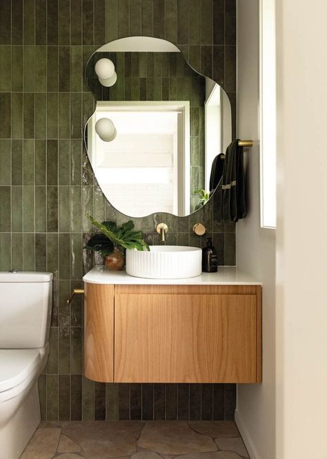 homestyle | A mid-century renovation by Catherine Wilkinson Toilet Interior, Mid Century Renovation, Bath Tile, Mid Century Modern Bathroom, Timber Ceiling, Built In Cabinet, Floor Tile Design, Curved Walls, Tile Inspiration