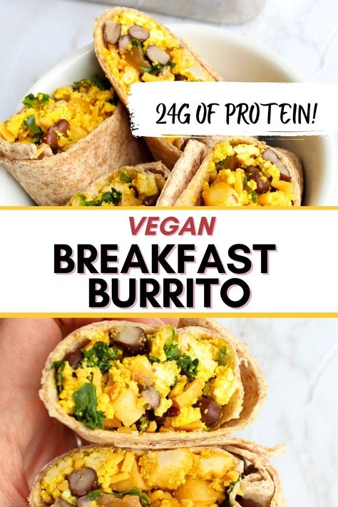 Easy vegan breakfast burrito. Make ahead and freeze to have breakfast ready to go all week. Savory vegan tofu scramble, potatoes, black beans and vegan cheese wrapped in a flour tortilla. Savory vegan breakfast recipe idea for when you’re sick of eating oatmeal. #vegan #breakfast #freezermeal #mealprep #highprotein Breakfast Burrito Freezer, Savory Vegan Breakfast, Vegan Tofu Scramble, High Protein Vegan Breakfast, Easy Vegan Breakfast, Vegan Breakfast Casserole, Tofu Scramble Vegan, Breakfast Burritos Frozen, Vegan Breakfast Burrito