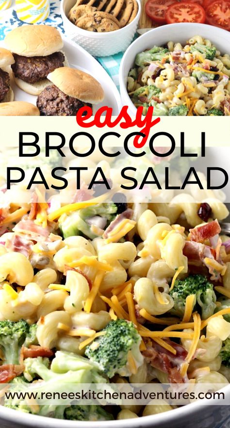 Easy Broccoli Pasta Salad by Renee's Kitchen Adventures. Your favorite broccoli salad (the one with bacon, cheese, dried cranberries, red onion, and sunflower seeds) combines with your favorite sweet macaroni salad to create this flavorful side dish that pairs perfectly with grilled burgers! A summertime staple! #RKArecipes #grillingsidedish #Summersidedish #pastasalad #broccolisalad #sidedishrecipe Easy Broccoli Pasta, Broccoli Pasta Salad, Pasta Bacon, Salad Broccoli, Broccoli Pasta Salads, Sweet Dressing, Cold Salads, Side Salads, Easy Broccoli