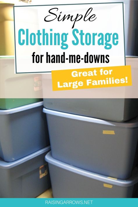 A simple way to organize and store children's clothing that is out of season or the wrong size, including maternity clothes. Storing Baby Clothes For Next Baby, Laundry For Big Families, Laundry System For Large Family, Baby Clothes Storage Outgrown, Kids Clothe Storage, Sorting Clothes, Kids Clothes Storage, Kids Clothes Organization, Big Size Outfit