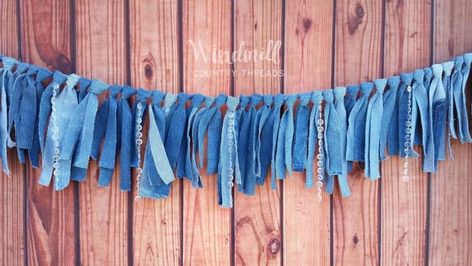 Denim and Diamonds Garland, Special Event Decor, Barn Wedding, Blue Jean Swag Banner, Photo Backdrop Baby Boy Shower Decorations, Denim Baby Shower, Burlap Party, Rope Garland, Boy Western, Fair Theme, Denim Party, Denim Wedding, Special Events Decor