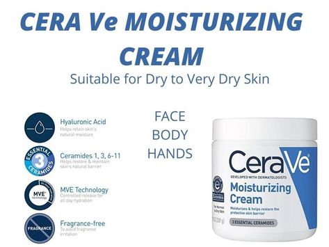 If yoy have dry skin you have probably heard of Hylauronic Acid. This miracle ingredient is perfect antidote to tight feeling skin, scaly patches and flaky noses. You can find this miracle ingredient in Cera Ve Moisturizing Cream. The hyaluronic acid, ceramides and MVE technology for 24 hour hydration. Rich, velvety texture that leaves skin feeling smooth, it is absorbed quickly for softened skin without greasy, sticky, feel. You can use it on Face, Hands and even on your body. Cera Ve Moisturizing Cream, Cera Ve, Cold Weather Skin Care, Face Moisturizer For Dry Skin, Hyaluronic Acid Cream, Cerave Moisturizing Cream, Dry Skin Body, Dry Skin On Face, Cream Body