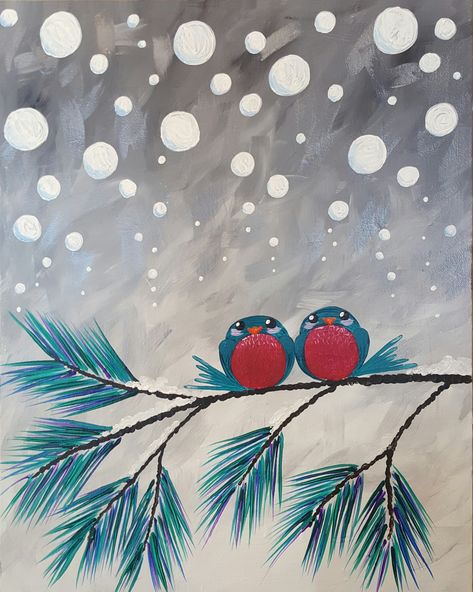 Stylized whimsical snow, and colorful up close pine needles make this winter painting pop. Joined with the ever adorable Toot Sweet birds, what’s n... Pinots Palette Paintings, Easy Landscape Paintings, Winter Landscape Painting, Christmas Paintings On Canvas, Holiday Painting, Easy Canvas Painting, Winter Painting, Canvas Painting Diy, Christmas Canvas