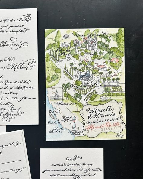 A simple letterpress calligraphy invitation with a colorful map! #luxurywedding #custominvite #calligraphy #pointedpen #weddinginvitations #weddinginspiration #hearstcastle #californiawedding #letterpress #calligraphylettering #calligraphyletterpress #calligraphyflourish #luxuryinvitations #blacktiewedding #customweddinginvitations Calligraphy Invitation, Hearst Castle, Invitation Calligraphy, Philadelphia Wedding, Black Tie Wedding, Pointed Pen, Custom Wedding Invitations, Wedding Invitation Design, Custom Invitations