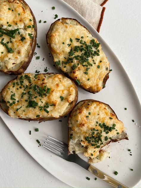 Boursin Twice Baked Potato - Brocc Your Body Twice Baked Potatoes With Boursin Cheese, Boursin Cheese Recipes Veggies, Boursin Baked Potato, Boursin Twice Baked Potato, Boursin Potatoes Au Gratin, Boursin Potatoes, Recipe For Twice Baked Potatoes, Double Baked Potatoes, Brocc Your Body