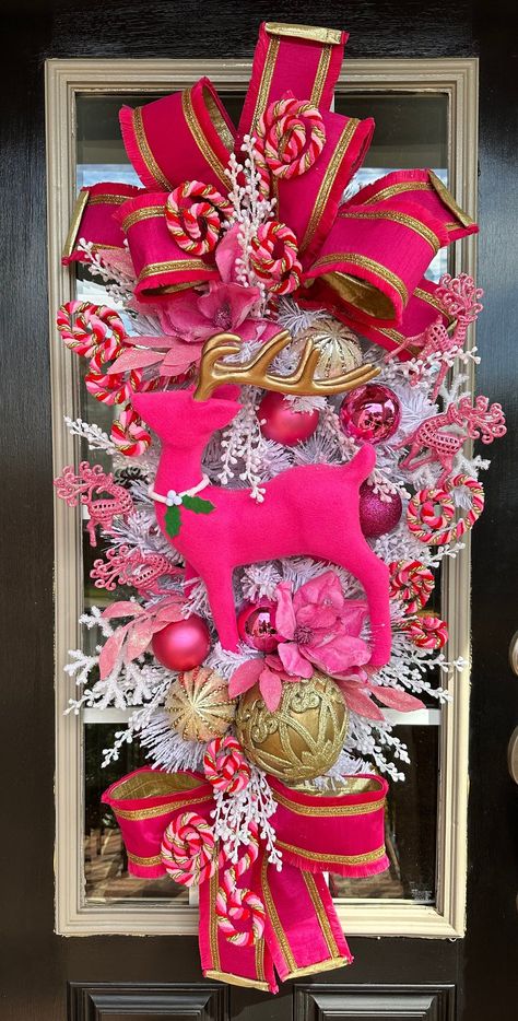 Flocked Christmas Wreath, Reindeer Decor, Reindeer Wreath, Pink Christmas Wreath, Designer Board, Custom Wreath, Diy Christmas Ornaments Easy, Christmas Swag, Tree Custom