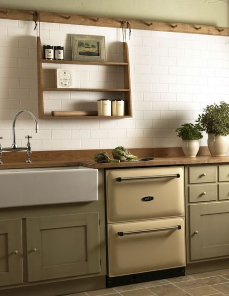 Apparently this is an Aga refrigerator? Cute! Other colour options? Love the sink. Shelf Rail, Aga Kitchen, Picture Shelf, Kitchens Cabinets, Interiors Kitchen, Small Cottage Kitchen, Kitchens Design, Outdoor Kitchen Appliances, Kitchen Rustic