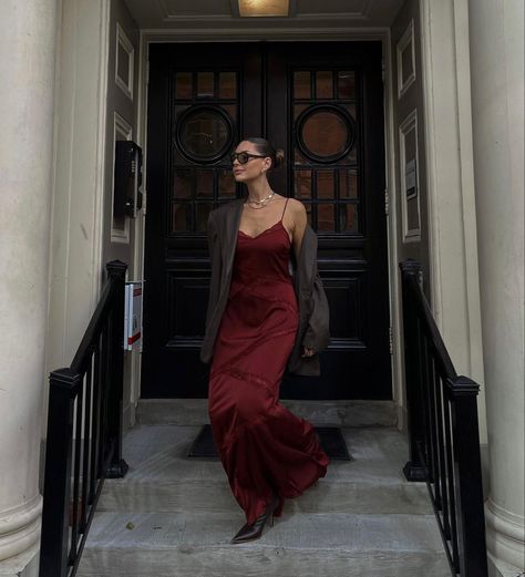 Fem Style, Slip Dress Outfit, Dark Red Dresses, Red Silk Dress, Red Satin Dress, Cherry Chocolate, Red Slip Dress, Maxi Dress Outfit, Cherry Dress