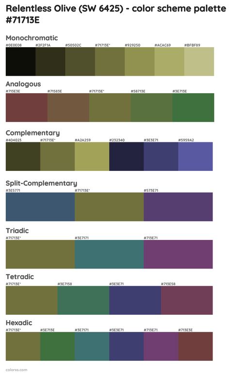 Relentless Olive (SW 6425) Color Scheme Palettes Color Wheel Olive Green, Olive Green Complementary Colors, Olive Complimentary Colors, Olive Green Pallet Color, Olive Green Complimentary Colors, Olive Color Palette, Olive Green Color Palette, Olive Palette, Green Color Palettes