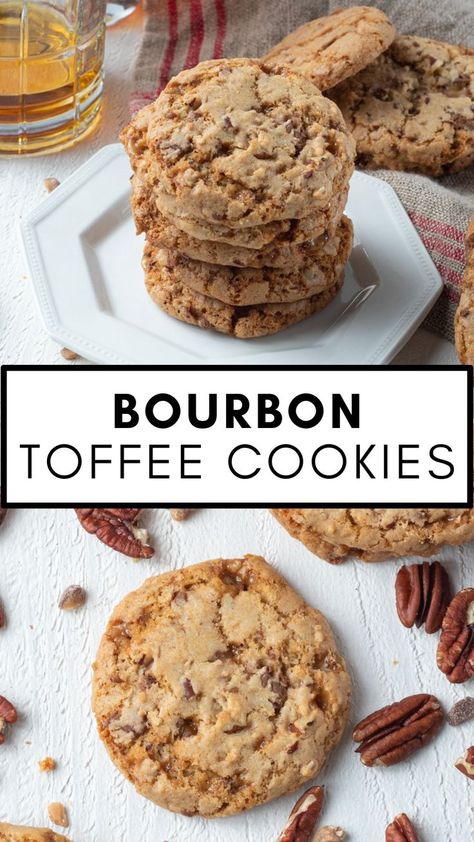 These delicious spiked Bourbon Toffee Cookies have the perfect balance of bourbon flavor with your favorite toffee candy and nuts. If you’re a bourbon lover, enjoy one of these at the end of a long day for a special treat! Bourbon Cookies Recipe, Bourbon Toffee, Bourbon Dessert, Bourbon Cookies, Toffee Coffee, Toffee Dessert, Bourbon Recipes, Toffee Candy, Toffee Recipe