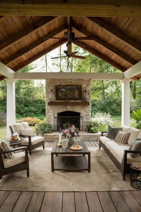 Outdoor Patio Pavilion, Vaulted Outdoor Patio With Fireplace, Covered Patios With Fireplaces, L Shaped Covered Patio Ideas, Large Outdoor Entertaining Area, Backyard Fireplace Ideas Lounge Areas, Lake House Vibes, Big Patio Ideas, Outdoor Gas Fireplace Ideas