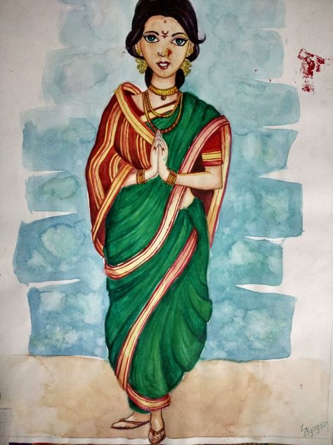 Maharashtrian woman Maharashtrian Food, Farm Cartoon, Cartoon Pic, Memory Drawing, Fashion Show Themes, Fashion Figure, Fashion Figure Drawing, Shakti Goddess, Calligraphy Artwork