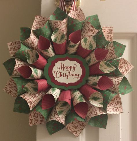 Paper cone wreath with stampin up DSP Recycled Christmas Wreath Ideas, Diy Paper Wreath Christmas, Christmas Wrapping Paper Crafts, Parol Making, Book Themed Crafts, Stampin Up Dsp, Paper Wreath Diy, Paper Wreaths, Clothespin Diy Crafts