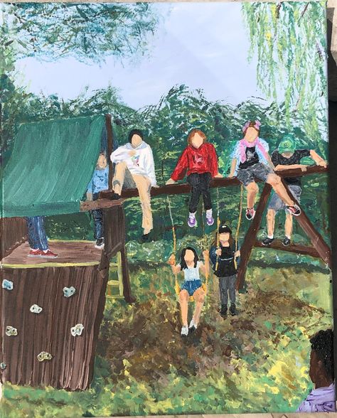 teenagers hanging on a playscape because we are still children after all #art #acrylicpaint #comingofage #teenage Coming Of Age Artwork, Art About Childhood, Growing Up Art, Teenage Art, Childhood Art, Nostalgia Art, Nostalgic Art, Spotify Covers, Family Painting