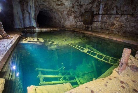 Taken from stashally user @mayra. Abandoned and flooded mine under the Ural Mountains [Reddit, u/ RKola] Abandoned Mine, Ural Mountains, Abandoned Mansions, Destination Voyage, Haunted Places, Abandoned Buildings, Old Buildings, Abandoned Houses, Abandoned Places