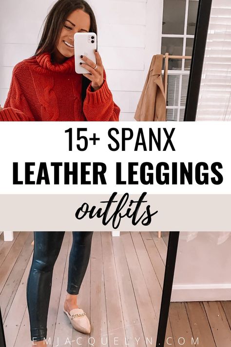 Click for 15+ ways to style spanx faux leather leggings outfits! spanx leather leggings outfit winter l spanx leather leggings outfit winter l spanx leather leggings outfit casual winter Fall Outfits With Faux Leather Leggings, Winter Faux Leather Leggings Outfit, Spans Leggings Outfit, Spandex Faux Leather Leggings Outfit, Faux Leather Leggings Sweater Outfit, Outfit With Black Leather Leggings, Business Casual Leather Leggings, Leather Leggings Sweatshirt Outfit, Leather Leggings Flannel Outfit