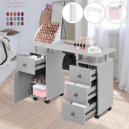 Lockable Rolling Wheels The nail table station is designed with 8 rolling wheels, 4 of them lockable. Experience the freedom of mobility combined with stability. Color: Gray. Manicure Table Nail Station, Nail Desk, Nail Station, Nail Table, Manicure Table, Wrist Rest, Craft Room Storage, Dust Collector, Makeup Room