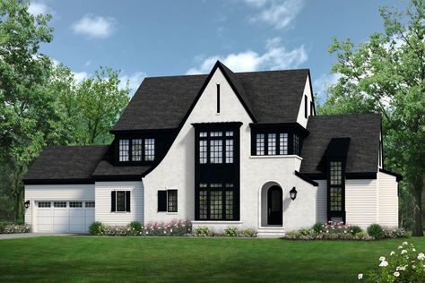 Black And White Tudor House Exterior, Frazier Home Design, White Tudor House, Coastal Transitional Decor, Transitional Bathroom Decor, Transitional Homes, Hut Design, Kitchen Table And Chairs, Modern Tudor